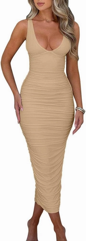 BEAGIMEG Women's Sexy Ruched Sleeveless Deep V Elegant Cocktail Evening Party Maxi Dress