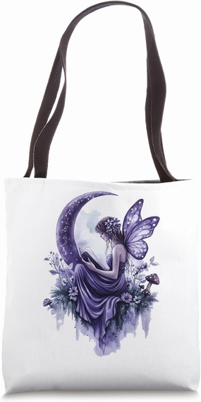 Beautiful Book Fairy Reading Crescent Moon Gothic Bookish Tote Bag