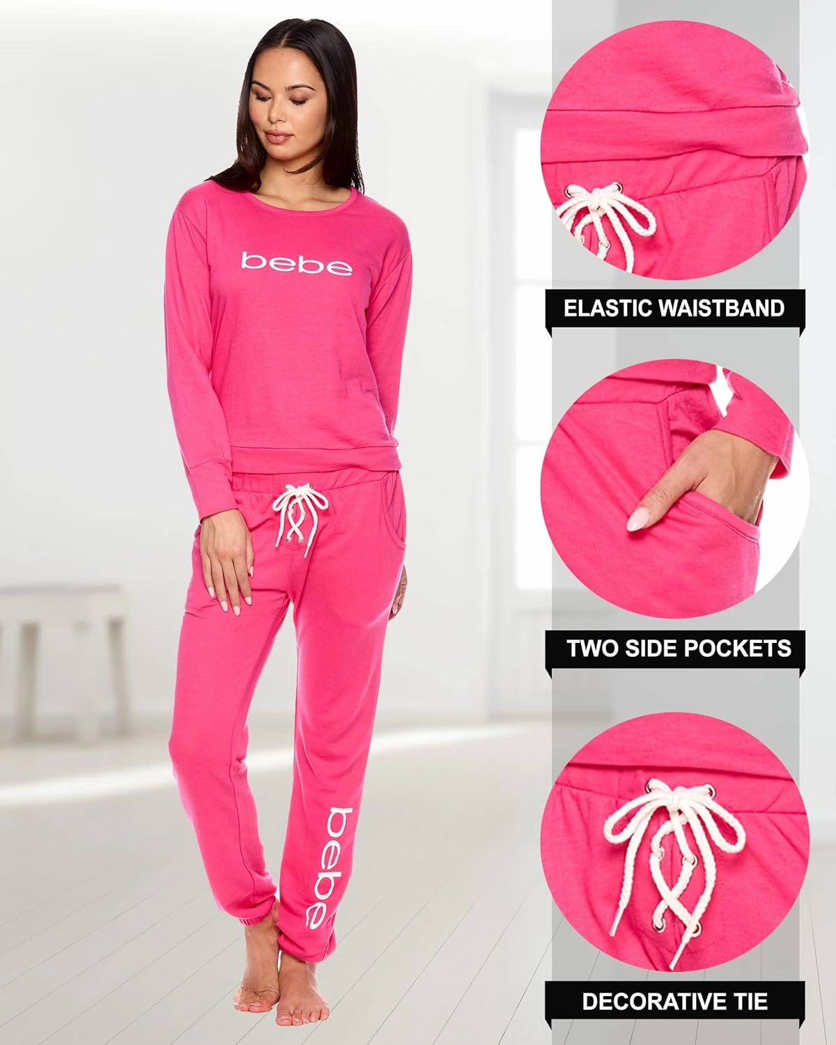bebe Womens Pajama Sets - French Terry Pajamas Long Sleeve Pullover Top and PJ Pants with Pockets - Sleepwear for Women
