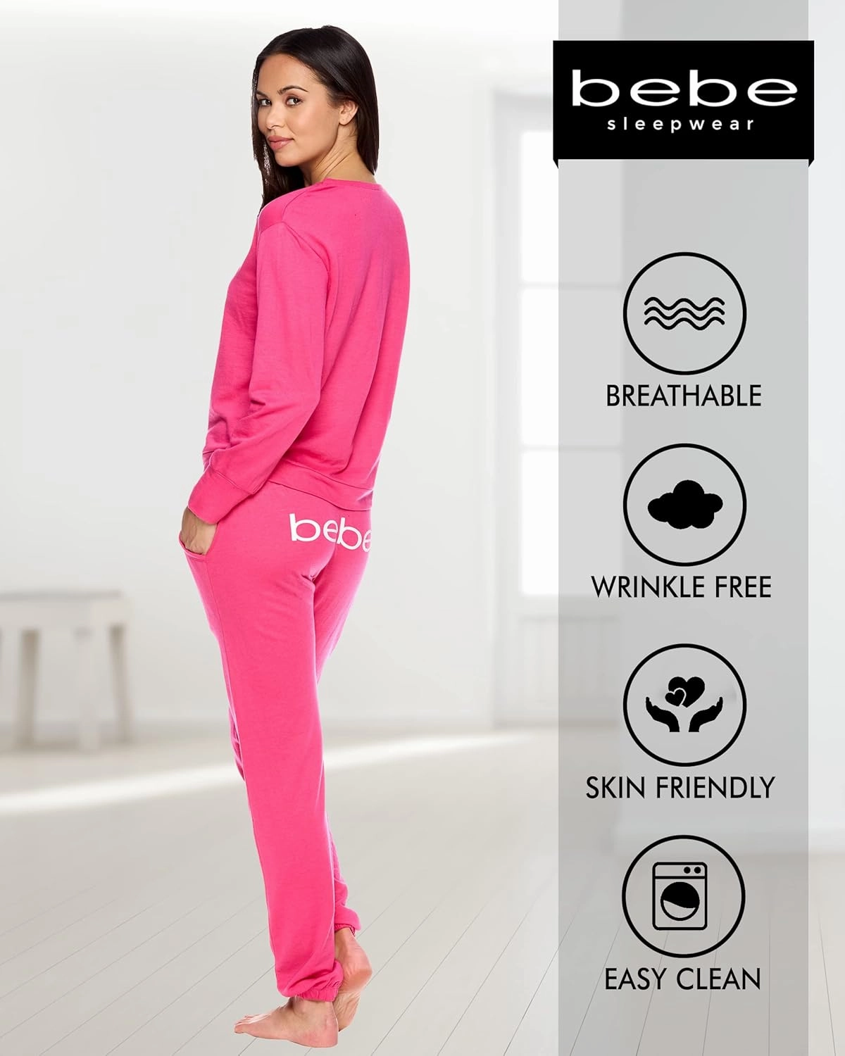 bebe Womens Pajama Sets - French Terry Pajamas Long Sleeve Pullover Top and PJ Pants with Pockets - Sleepwear for Women