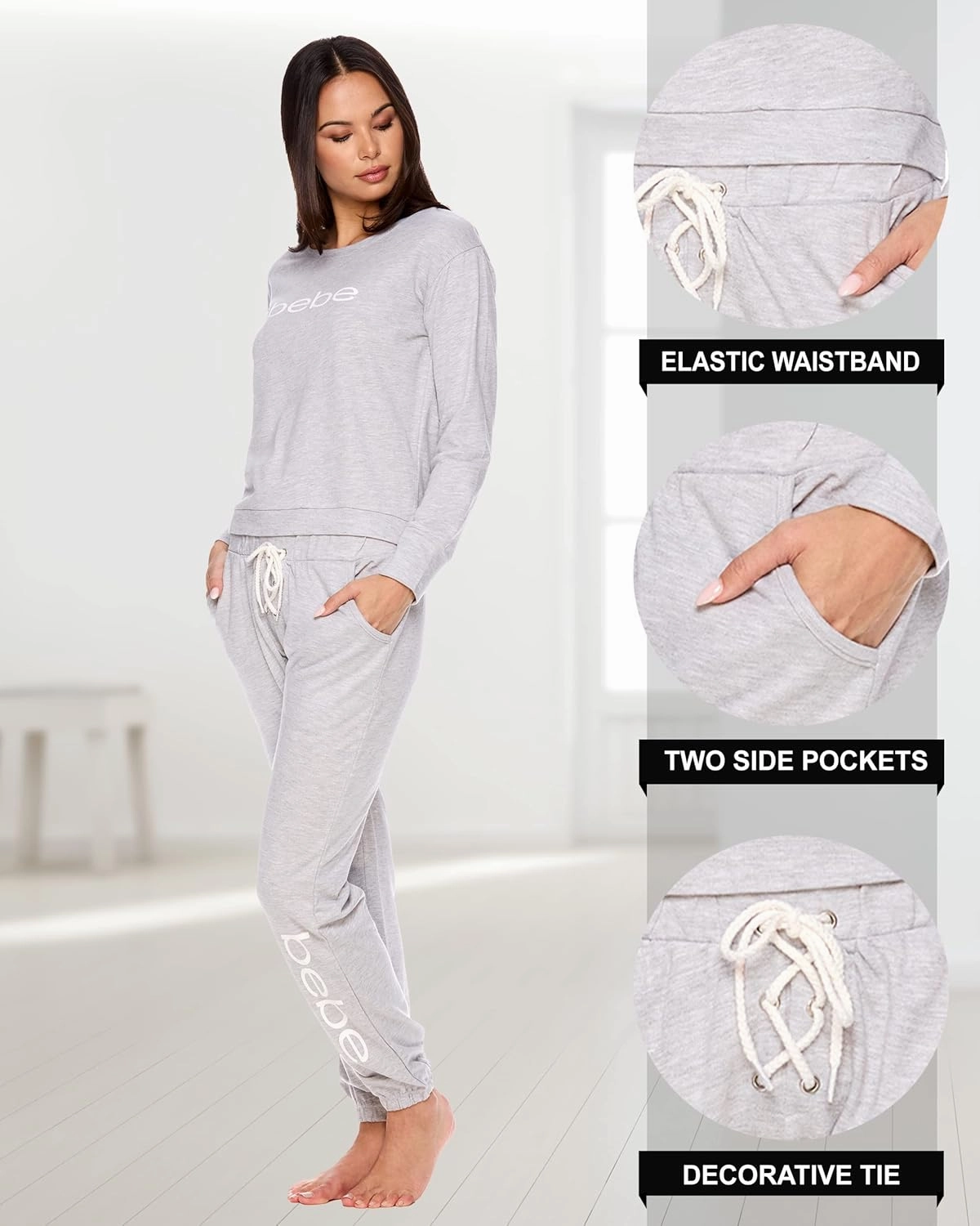bebe Womens Pajama Sets - French Terry Pajamas Long Sleeve Pullover Top and PJ Pants with Pockets - Sleepwear for Women