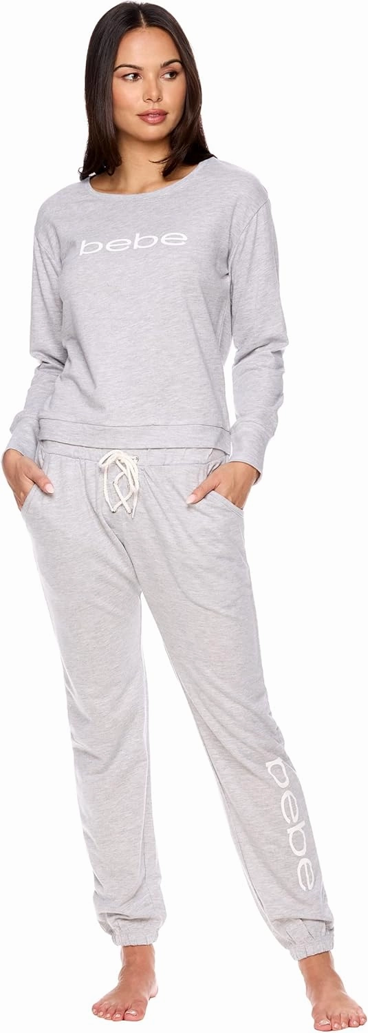 bebe Womens Pajama Sets - French Terry Pajamas Long Sleeve Pullover Top and PJ Pants with Pockets - Sleepwear for Women