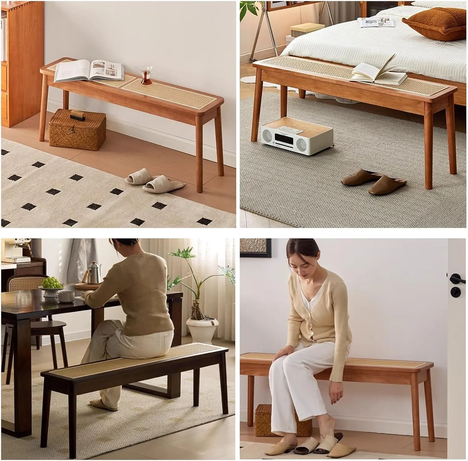 Bedrattan Bench, Low Bench, Long, Skinny,Wood Indoor, Vintage, Bed, Hallway for Entryway, Farmhouse Bedroom (Black, 160cm/62.9in)