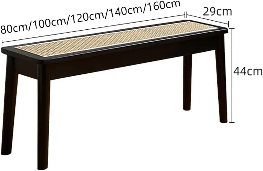 Bedrattan Bench, Low Bench, Long, Skinny,Wood Indoor, Vintage, Bed, Hallway for Entryway, Farmhouse Bedroom (Black, 160cm/62.9in)