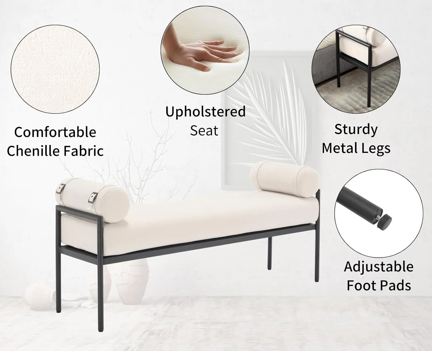 Beige Modern End of Bed Bench Upholstered Entryway Bench with Detachable Cylindrical Pillows/Metal Legs Chenille Fabric Ottoman Bench for Living Room/Bedroom/Hallway/Corner, 55Inch