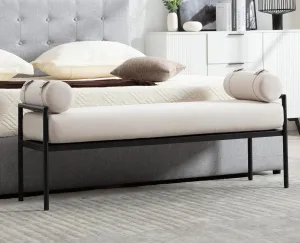 Beige Modern End of Bed Bench Upholstered Entryway Bench with Detachable Cylindrical Pillows/Metal Legs Chenille Fabric Ottoman Bench for Living Room/Bedroom/Hallway/Corner, 55Inch