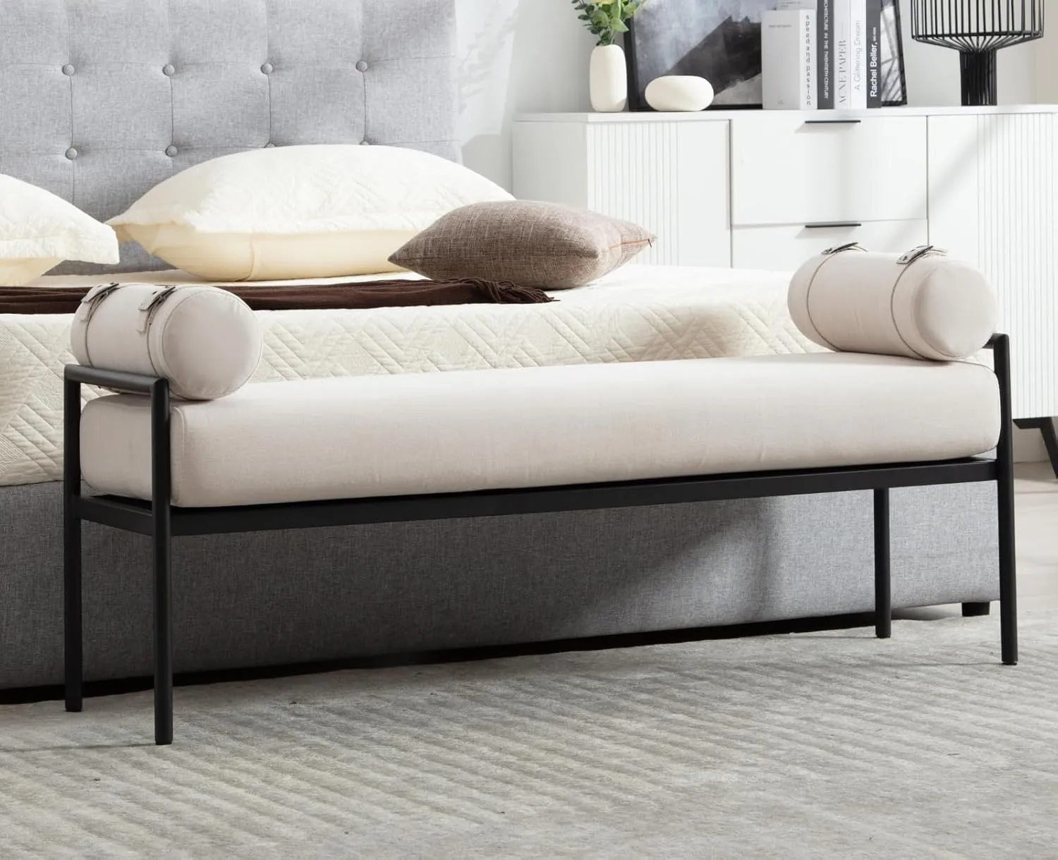 Beige Modern End of Bed Bench Upholstered Entryway Bench with Detachable Cylindrical Pillows/Metal Legs Chenille Fabric Ottoman Bench for Living Room/Bedroom/Hallway/Corner, 55Inch