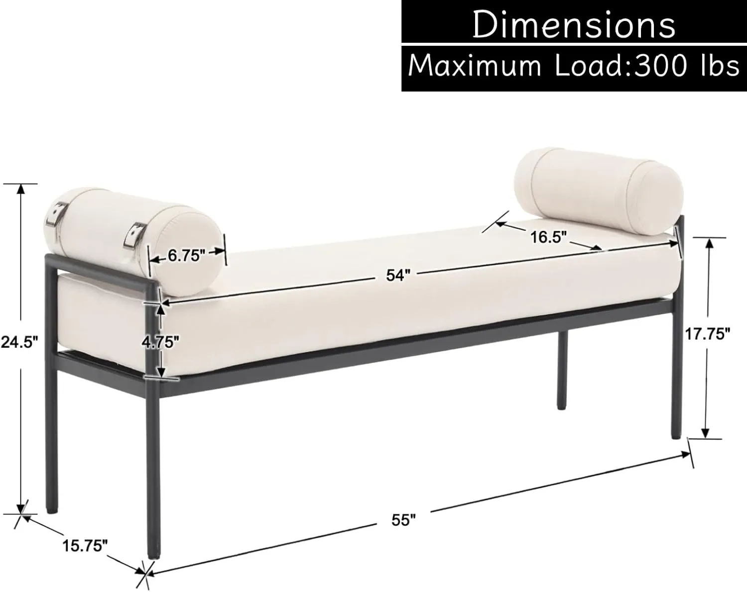 Beige Modern End of Bed Bench Upholstered Entryway Bench with Detachable Cylindrical Pillows/Metal Legs Chenille Fabric Ottoman Bench for Living Room/Bedroom/Hallway/Corner, 55Inch