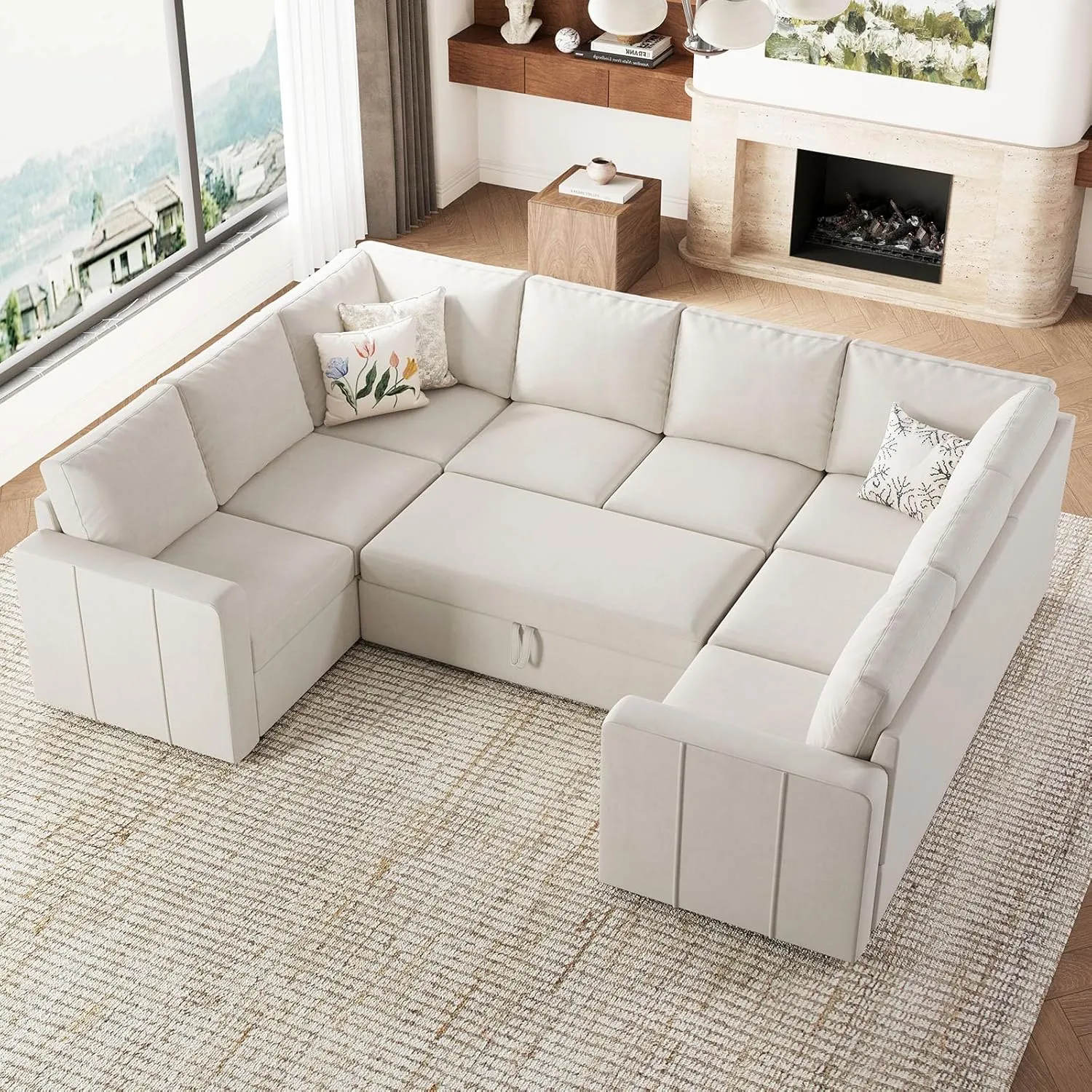 Belffin Modular Sectional Sleeper Sofa Bed with Pull Out Couch, Oversized U Shaped Sleeper Pull Out Bed with Storage Loveseat, Convertible Sectional Couches for Living Room, Beige