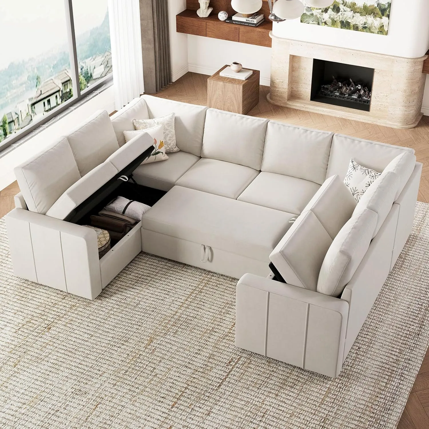 Belffin Modular Sectional Sleeper Sofa Bed with Pull Out Couch, Oversized U Shaped Sleeper Pull Out Bed with Storage Loveseat, Convertible Sectional Couches for Living Room, Beige