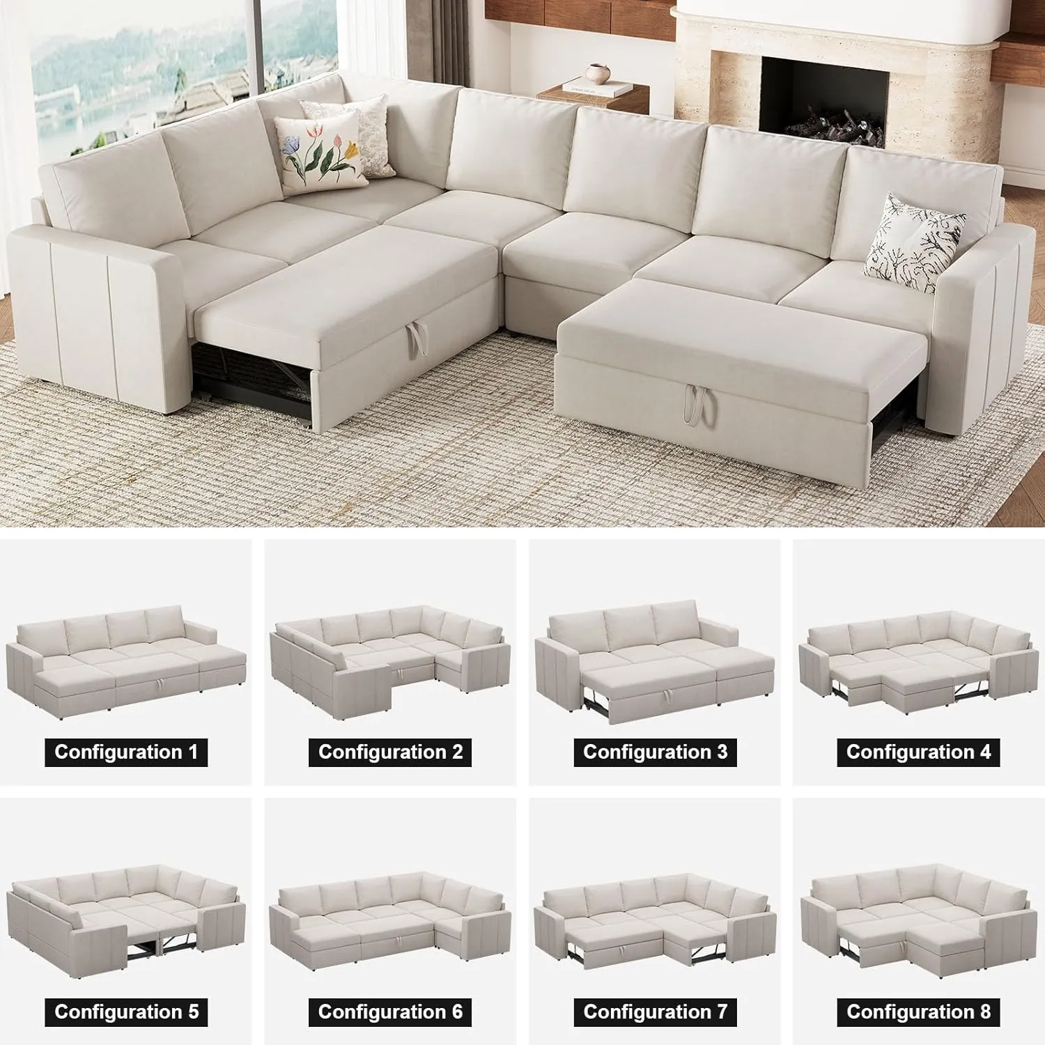 Belffin Modular Sectional Sleeper Sofa Bed with Pull Out Couch, Oversized U Shaped Sleeper Pull Out Bed with Storage Loveseat, Convertible Sectional Couches for Living Room, Beige
