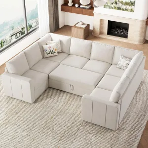Belffin Modular Sectional Sleeper Sofa Bed with Pull Out Couch, Oversized U Shaped Sleeper Pull Out Bed with Storage Loveseat, Convertible Sectional Couches for Living Room, Beige