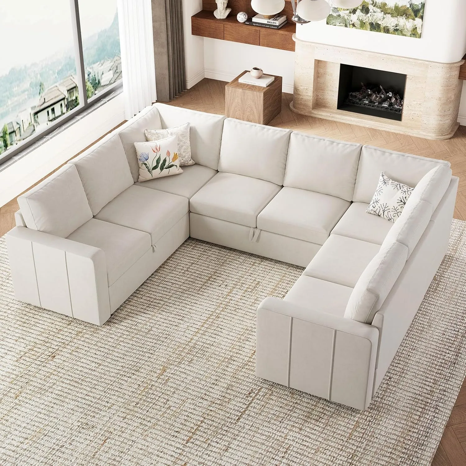 Belffin Modular Sectional Sleeper Sofa Bed with Pull Out Couch, Oversized U Shaped Sleeper Pull Out Bed with Storage Loveseat, Convertible Sectional Couches for Living Room, Beige