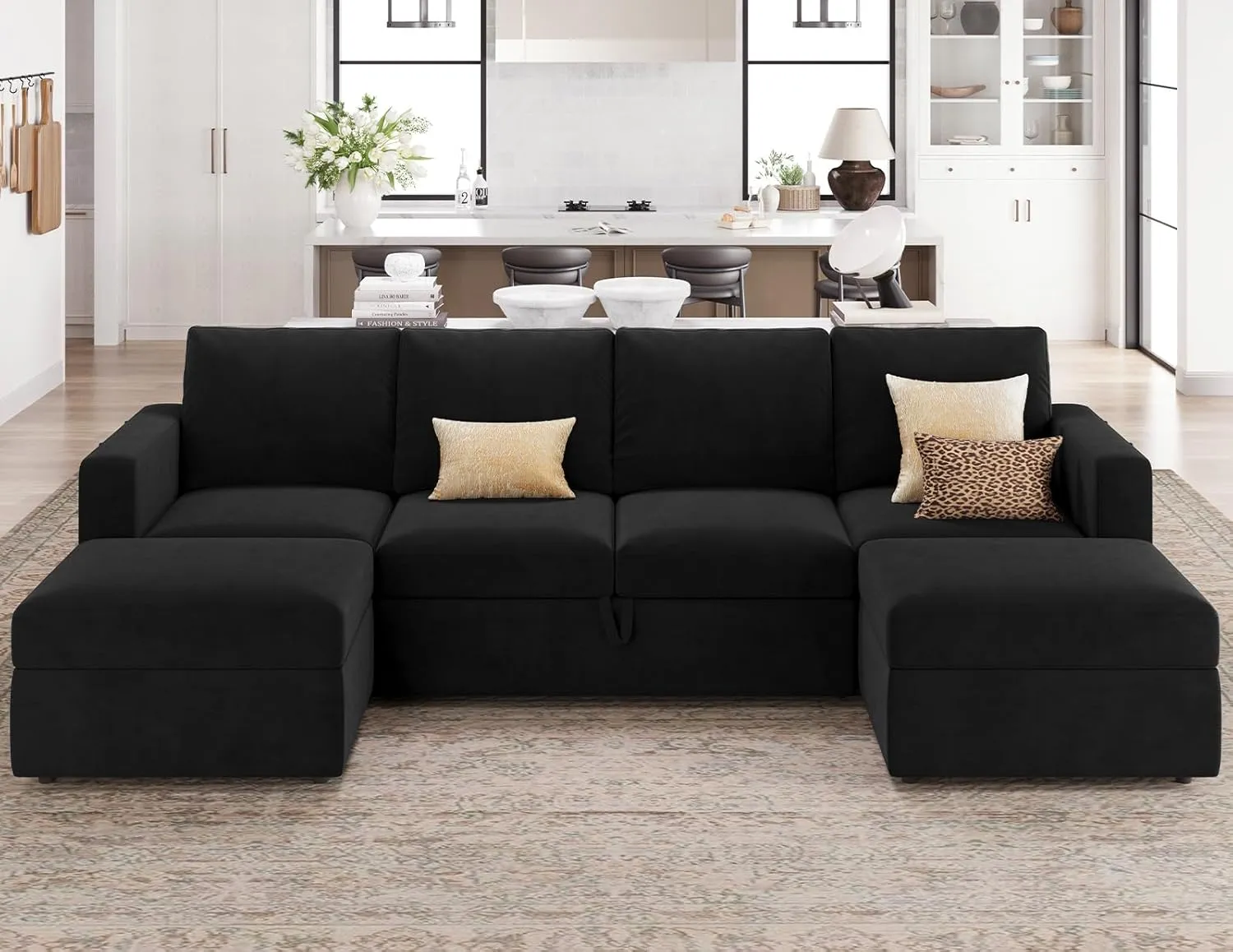 Belffin Modular Sectional Sleeper Sofa Bed with Pull Out Couch, U Shaped Sleeper Pull Out Bed, Convertible Sectional Couches for Living Room, Black