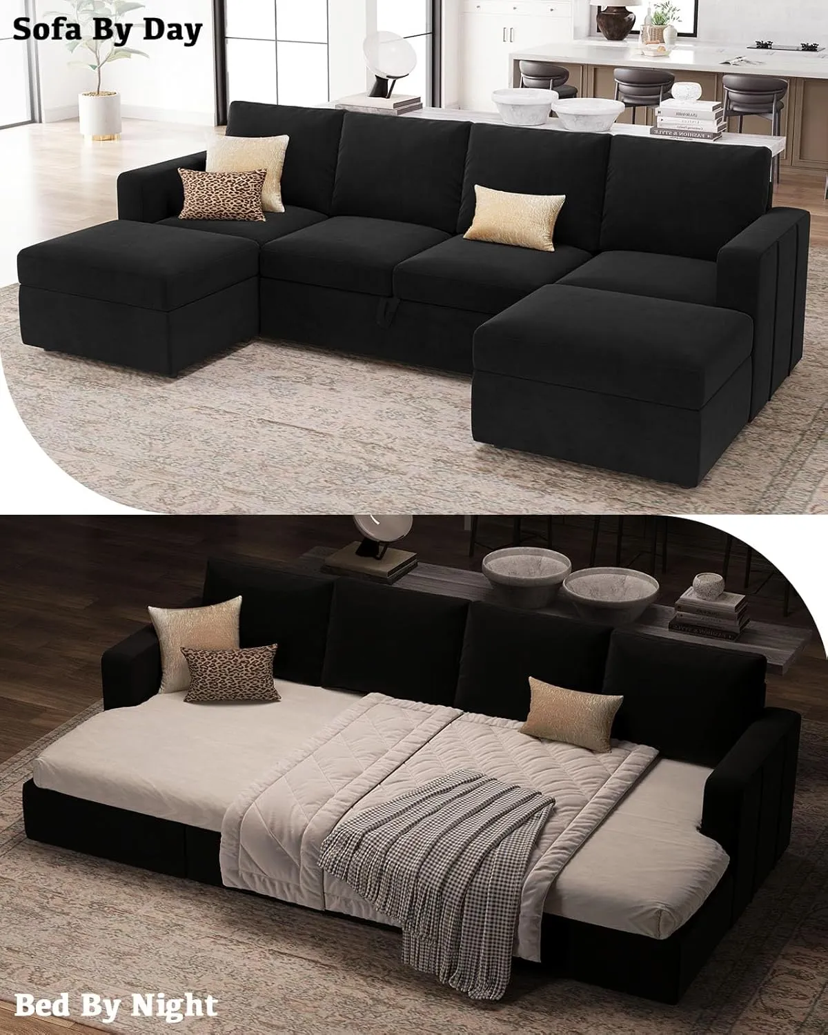 Belffin Modular Sectional Sleeper Sofa Bed with Pull Out Couch, U Shaped Sleeper Pull Out Bed, Convertible Sectional Couches for Living Room, Black