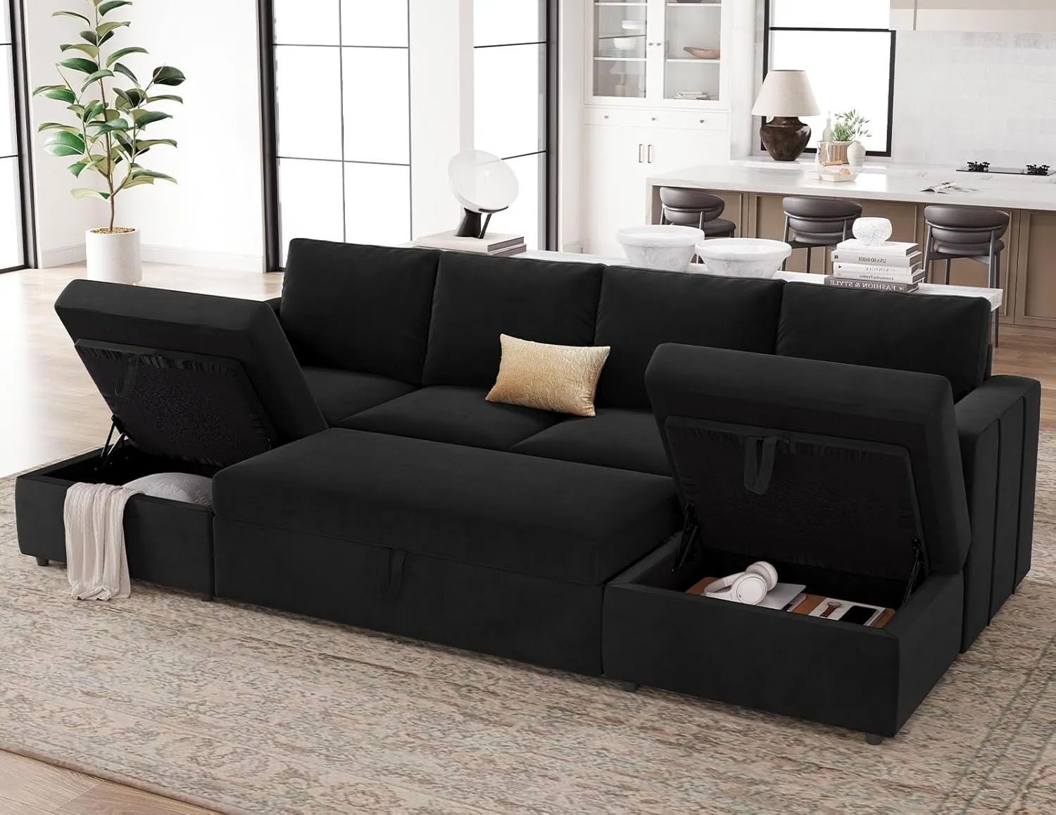 Belffin Modular Sectional Sleeper Sofa Bed with Pull Out Couch, U Shaped Sleeper Pull Out Bed, Convertible Sectional Couches for Living Room, Black