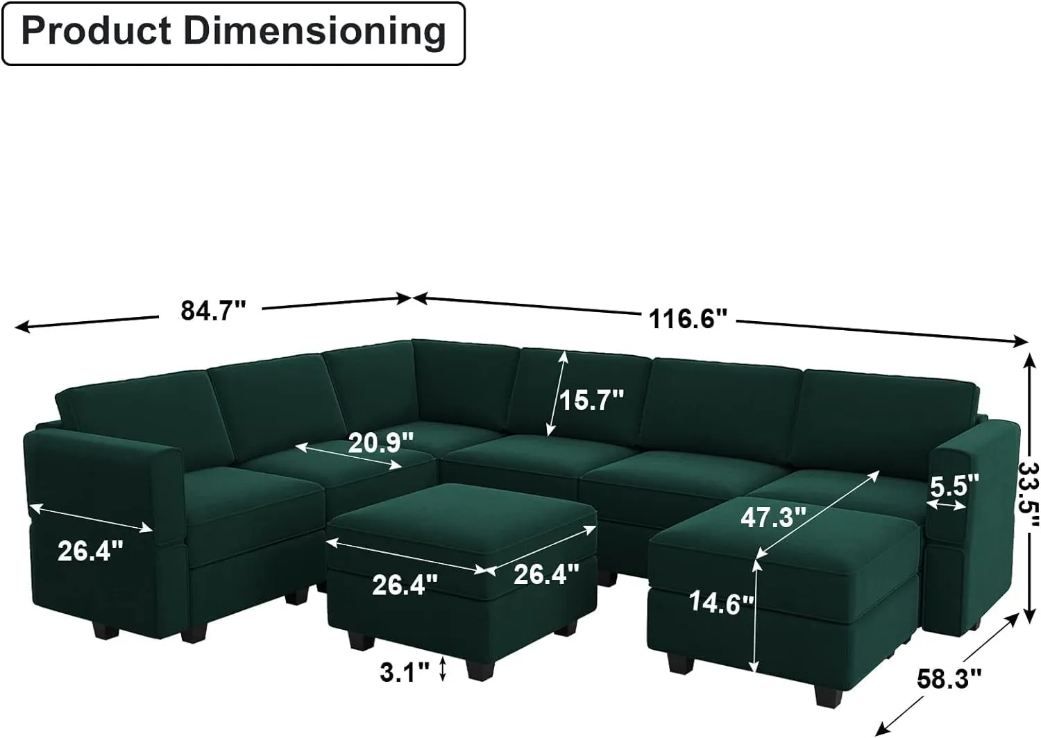 Belffin Modular Sectional Sofa with Storage Seat Oversized U Shaped Couch with Reversible Chaise Velvet Sofa Set with Ottoman Green