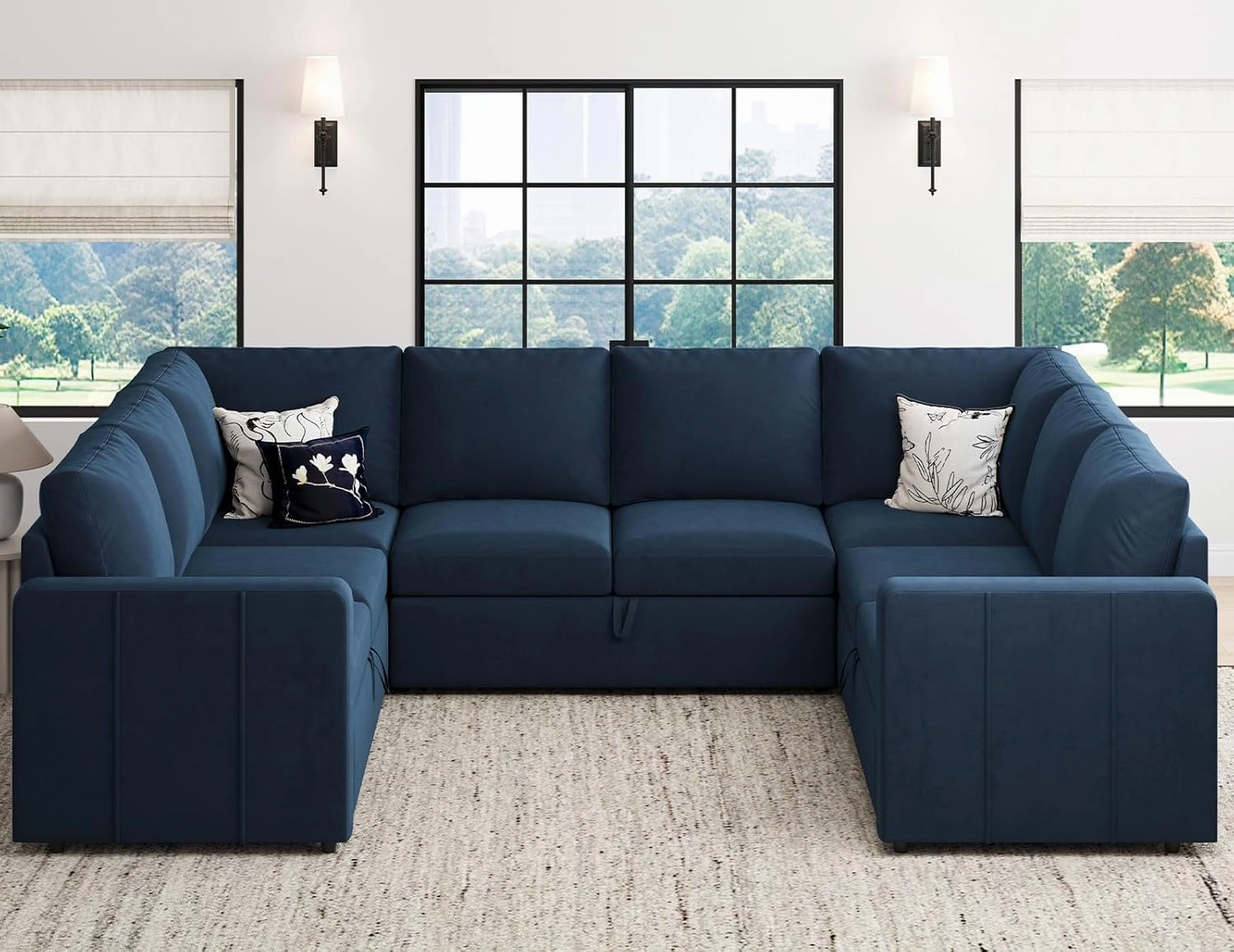 Belffin Modular Sectional Sleeper Sofa Bed with Pull Out Couch, Oversized U Shaped Sleeper Pull Out Bed with Storage Loveseat, Convertible Sectional Couches for Living Room, Blue