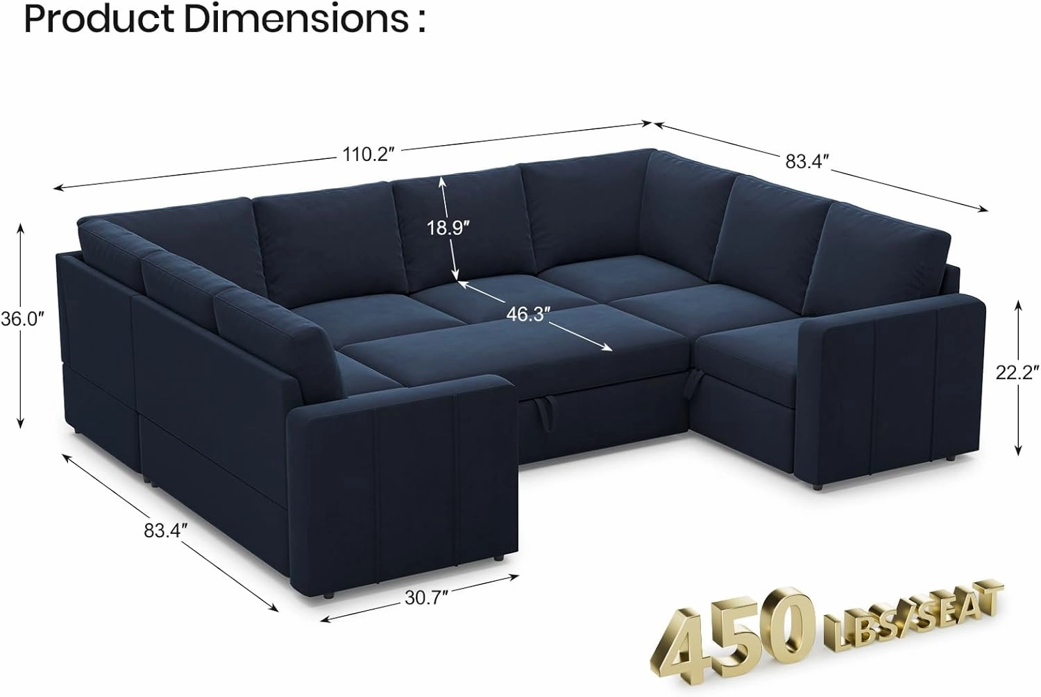 Belffin Modular Sectional Sleeper Sofa Bed with Pull Out Couch, Oversized U Shaped Sleeper Pull Out Bed with Storage Loveseat, Convertible Sectional Couches for Living Room, Blue