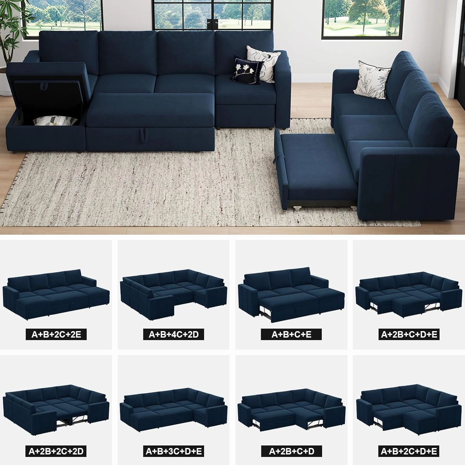 Belffin Modular Sectional Sleeper Sofa Bed with Pull Out Couch, Oversized U Shaped Sleeper Pull Out Bed with Storage Loveseat, Convertible Sectional Couches for Living Room, Blue