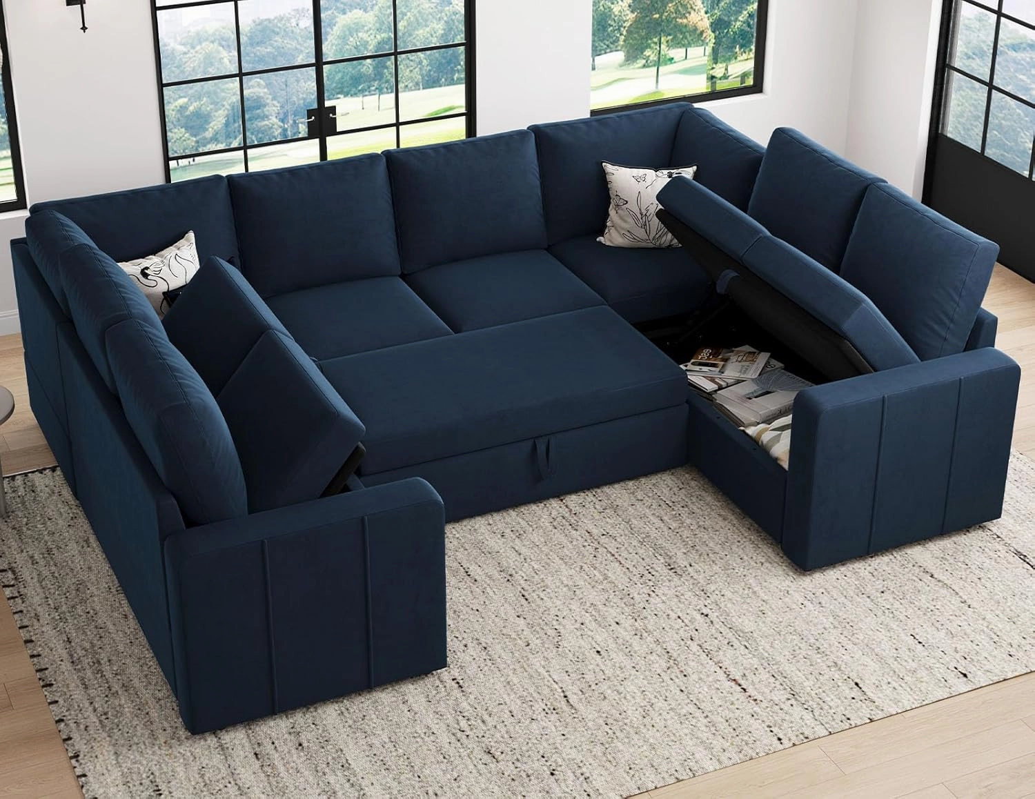 Belffin Modular Sectional Sleeper Sofa Bed with Pull Out Couch, Oversized U Shaped Sleeper Pull Out Bed with Storage Loveseat, Convertible Sectional Couches for Living Room, Blue