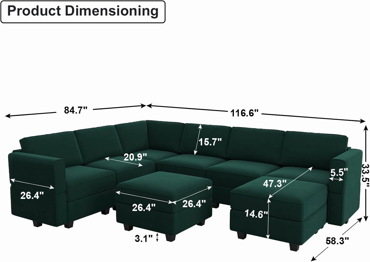Belffin Modular Sectional Sofa with Storage Seat Oversized U Shaped Couch with Reversible Chaise Velvet Sofa Set with Ottoman Green