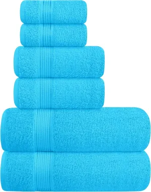 Belizzi Home Ultra Soft 6 Pack Cotton Towel Set, Contains 2 Bath Towels 28x55 inch, 2 Hand Towels 16x24 inch & 2 Wash Coths 12x12 inch, Ideal for Everyday use, Compact & Lightweight - Turquoise Blue