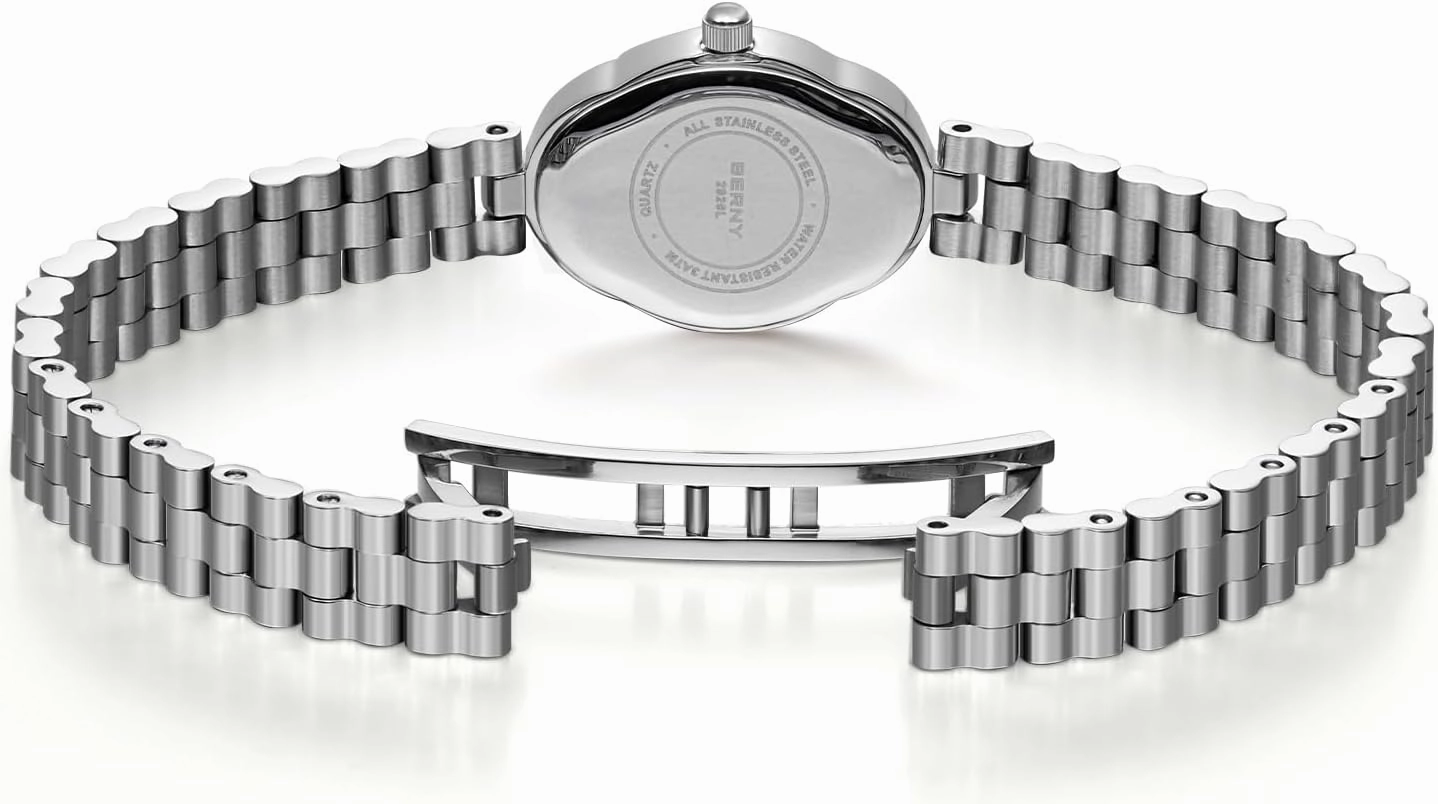 BERNY Silver Watches for Women Dainty Ladies Wristwatch Vintage Copper Mirrors Shape Japanese Quartz Movement 3ATM Waterproof All Stainless Steel Fashion Female Wrist Watch Birthday Gifts