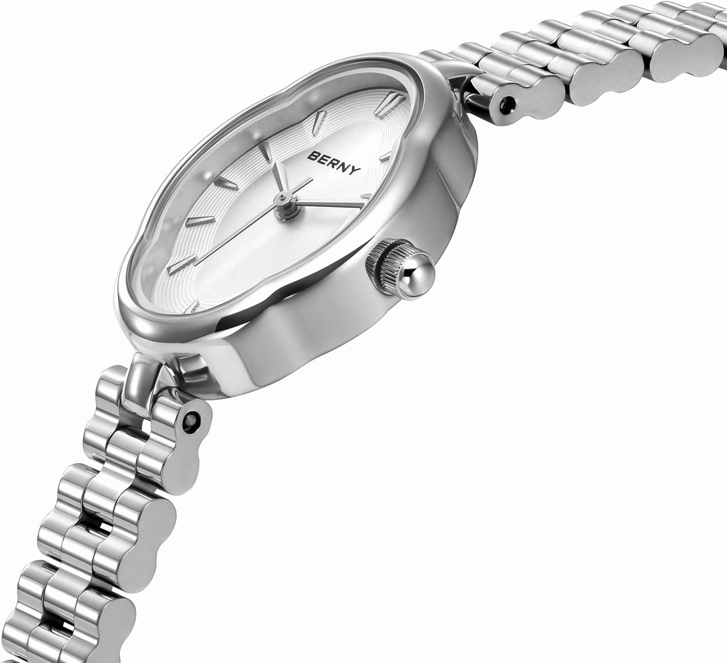 BERNY Silver Watches for Women Dainty Ladies Wristwatch Vintage Copper Mirrors Shape Japanese Quartz Movement 3ATM Waterproof All Stainless Steel Fashion Female Wrist Watch Birthday Gifts