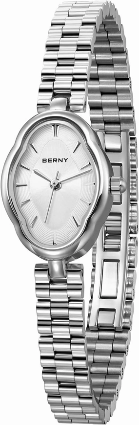 BERNY Silver Watches for Women Dainty Ladies Wristwatch Vintage Copper Mirrors Shape Japanese Quartz Movement 3ATM Waterproof All Stainless Steel Fashion Female Wrist Watch Birthday Gifts
