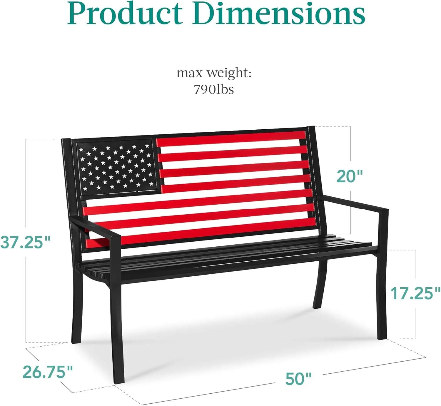 Best Choice Products Outdoor Bench 2-Person Steel Indoor/Outdoor Bench for Garden, Patio, Porch, Entryway w/American Flag, 790lb Capacity – Black/Red