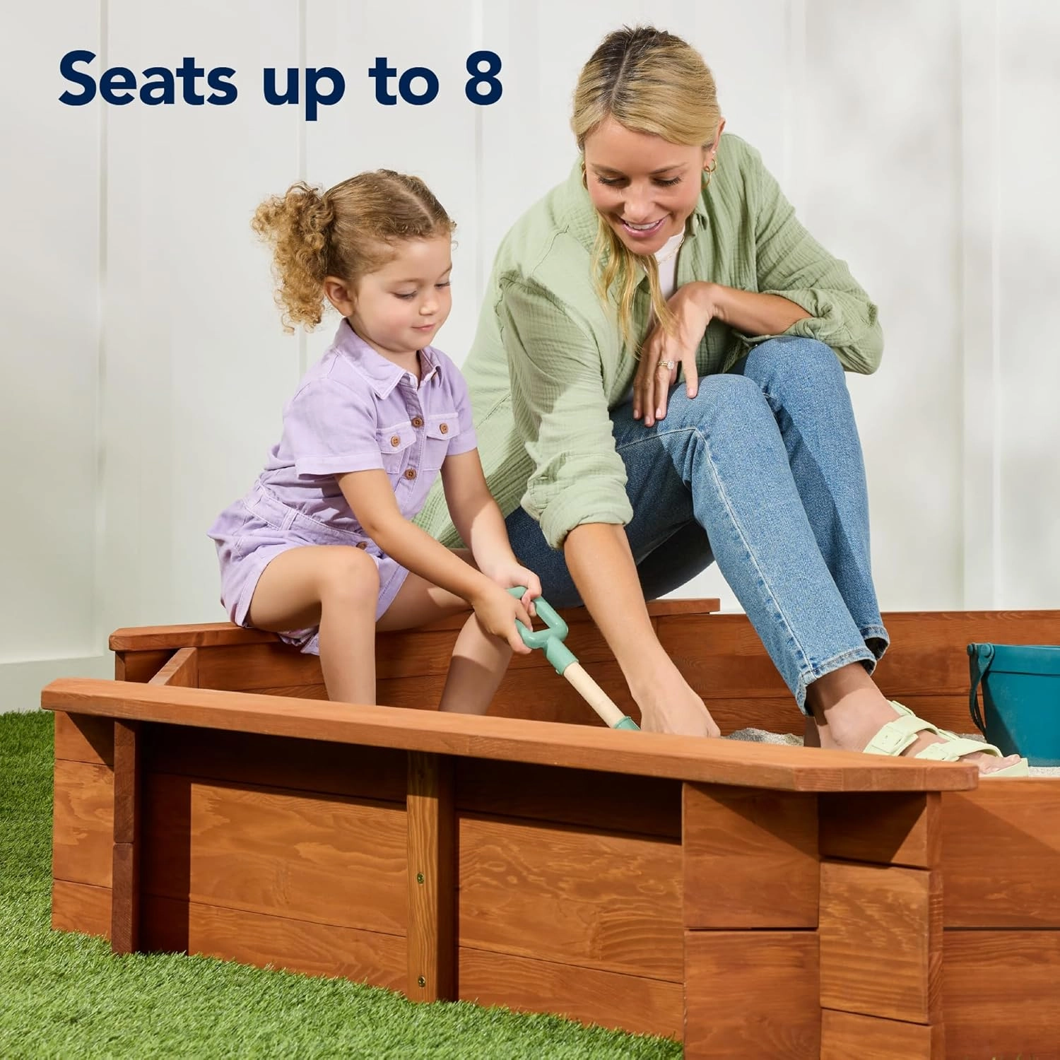 Best Choice Products Kid's Large Octagonal Wooden Outdoor Sandbox with Cover w/ 4 Reinforced Benches, 8 Seats, XL Sandpit, Bottom Liner - Brown