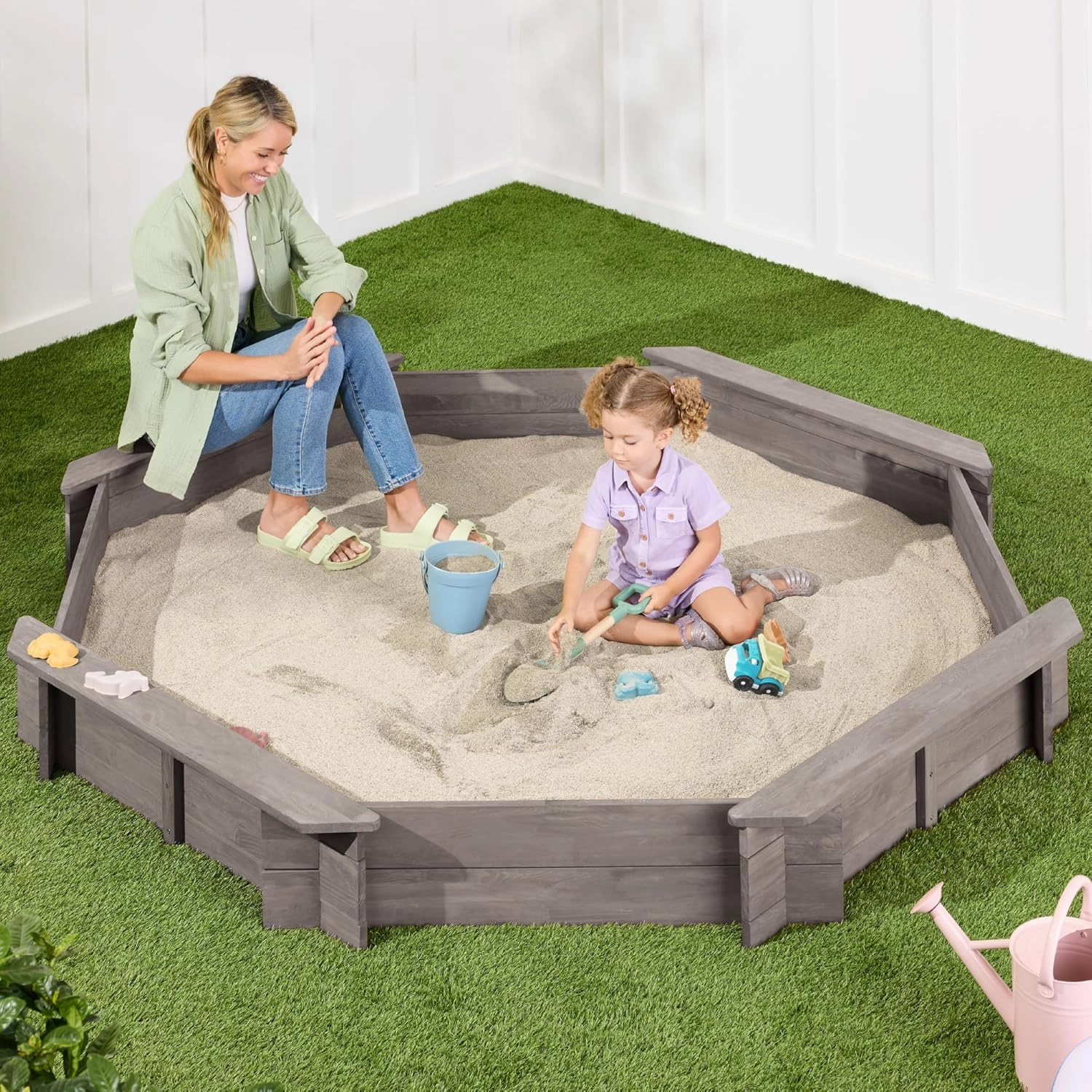 Best Choice Products Kid's Large Octagonal Wooden Outdoor Sandbox with Cover w/ 4 Reinforced Benches, 8 Seats, XL Sandpit, Bottom Liner - Gray