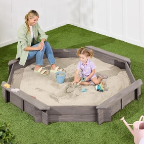 Best Choice Products Kid's Large Octagonal Wooden Outdoor Sandbox with Cover w/ 4 Reinforced Benches, 8 Seats, XL Sandpit, Bottom Liner - Gray