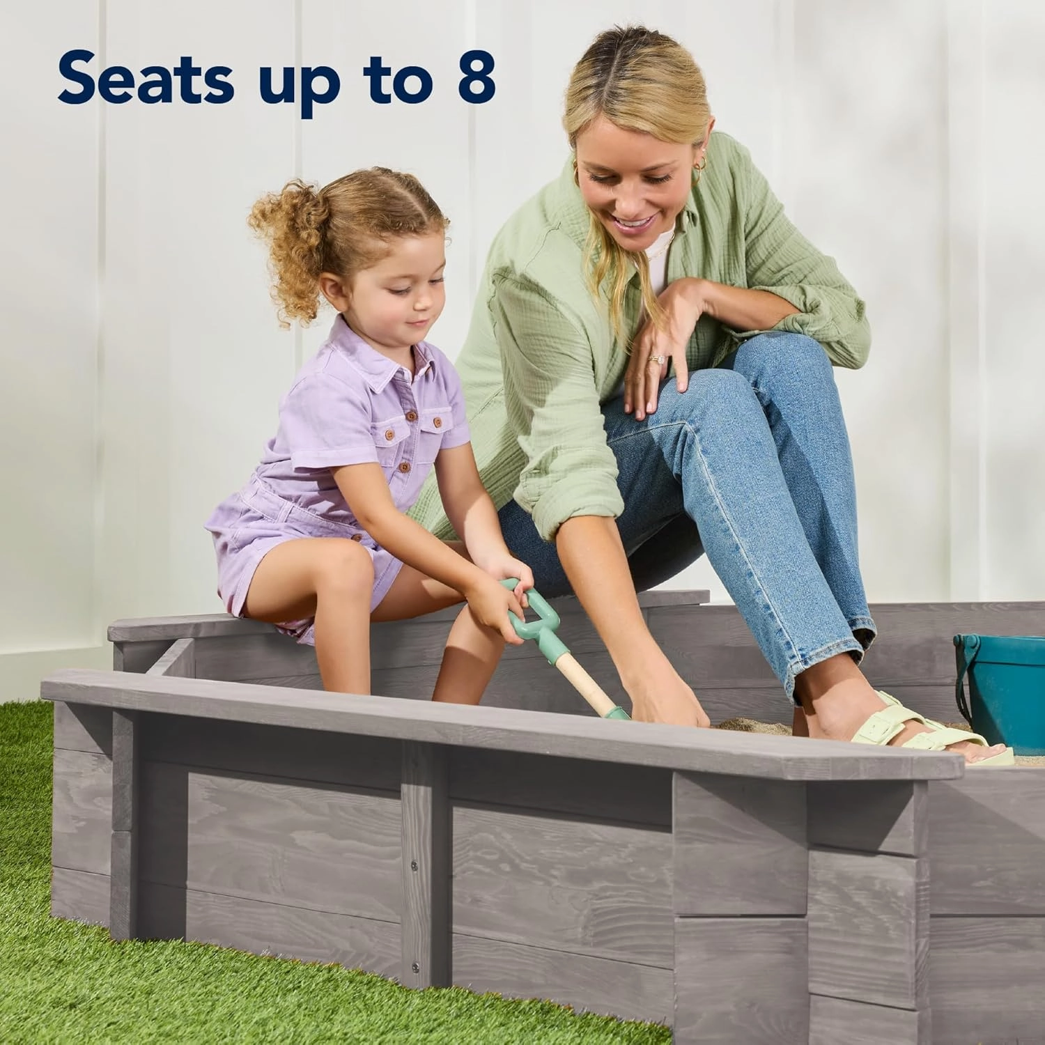 Best Choice Products Kid's Large Octagonal Wooden Outdoor Sandbox with Cover w/ 4 Reinforced Benches, 8 Seats, XL Sandpit, Bottom Liner - Gray