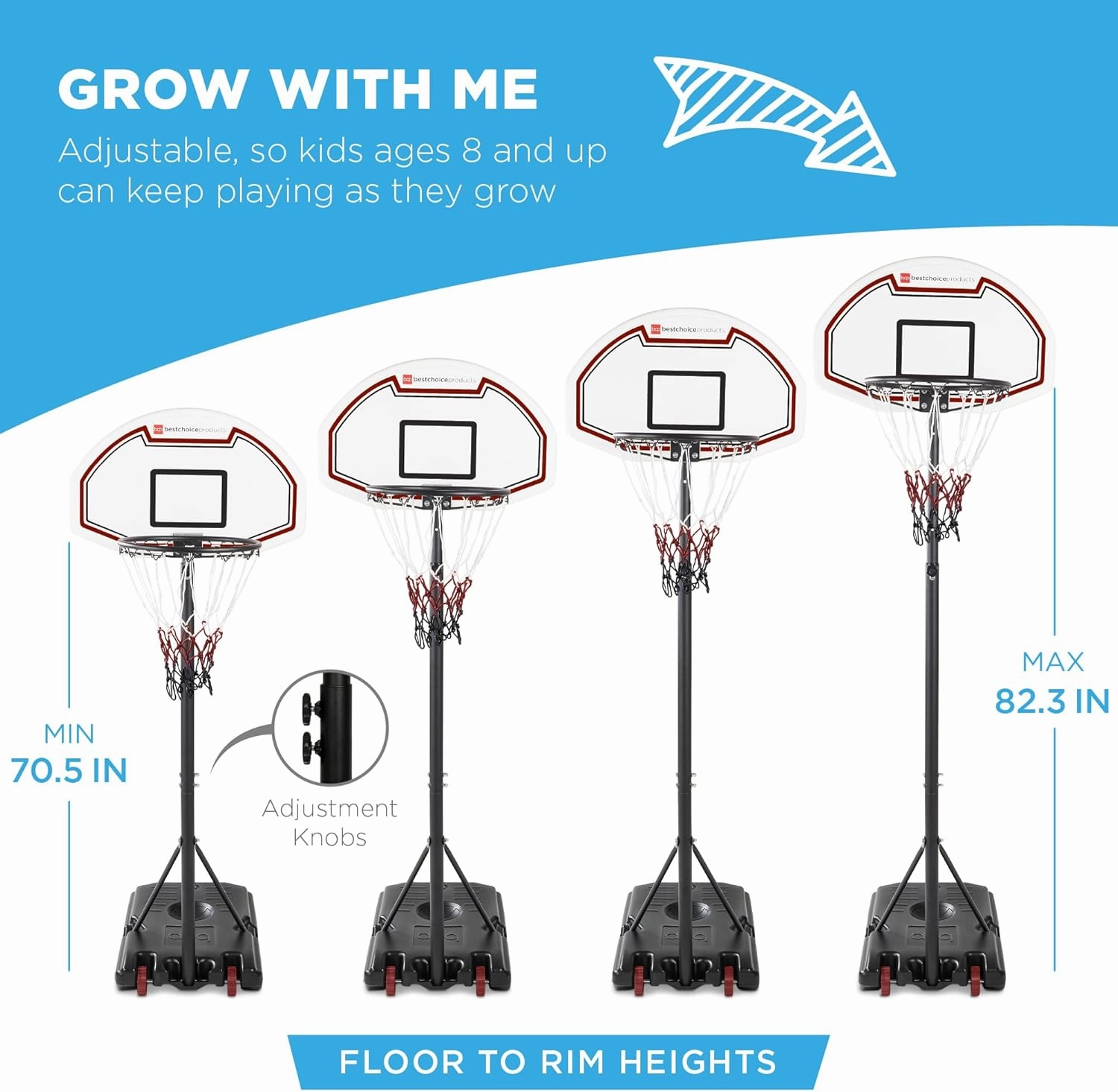 Best Choice Products Kids Height-Adjustable Basketball Hoop, Portable Backboard Set w/ 2 Wheels, Fillable Base, 70.5in to 82.3in Tall