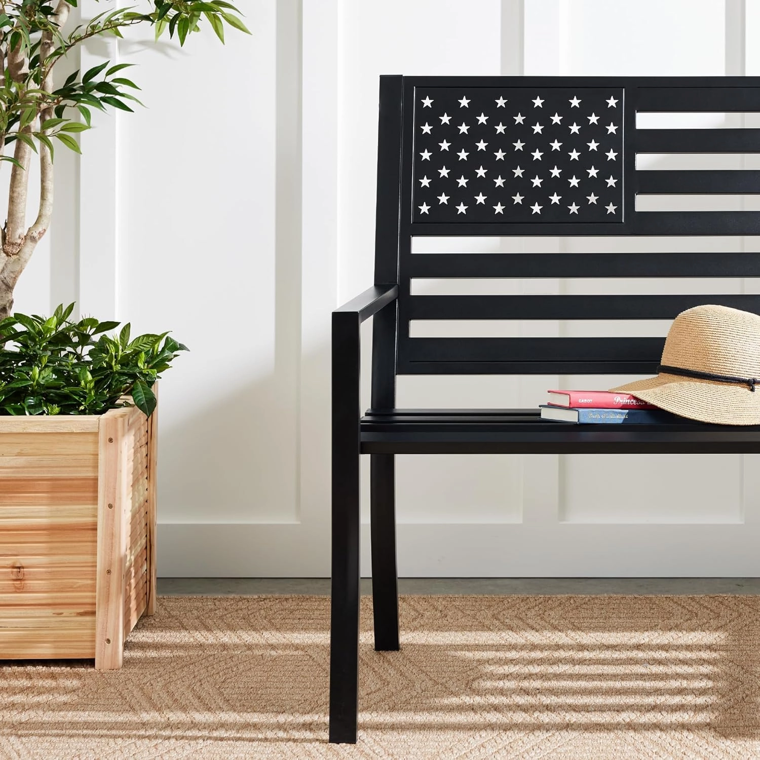 Best Choice Products Outdoor Bench 2-Person Steel Indoor/Outdoor Bench for Garden, Patio, Porch, Entryway w/American Flag, 790lb Capacity – Black