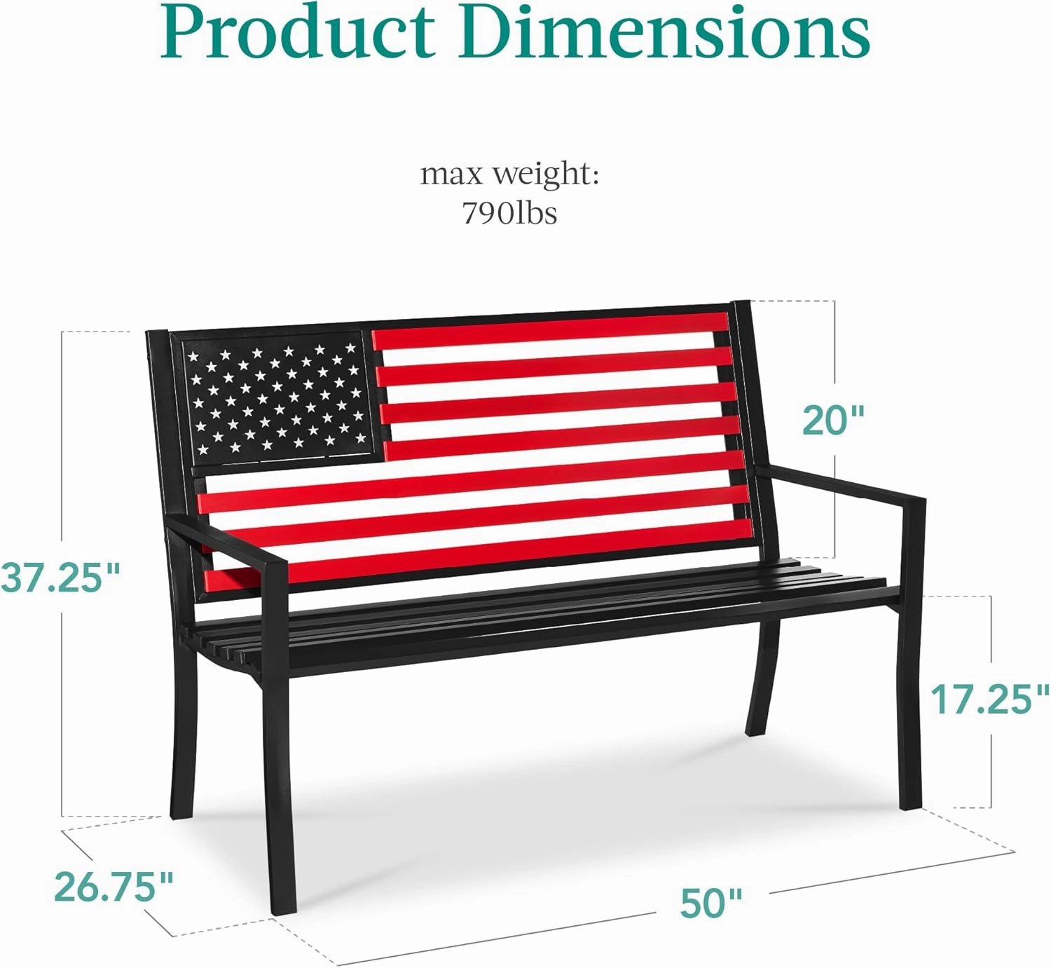 Best Choice Products Outdoor Bench 2-Person Steel Indoor/Outdoor Bench for Garden, Patio, Porch, Entryway w/American Flag, 790lb Capacity – Black/Red