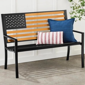 Best Choice Products Outdoor Bench 2-Person Steel Indoor/Outdoor Bench for Garden, Patio, Porch, Entryway w/American Flag, 790lb Capacity – Black/Wood
