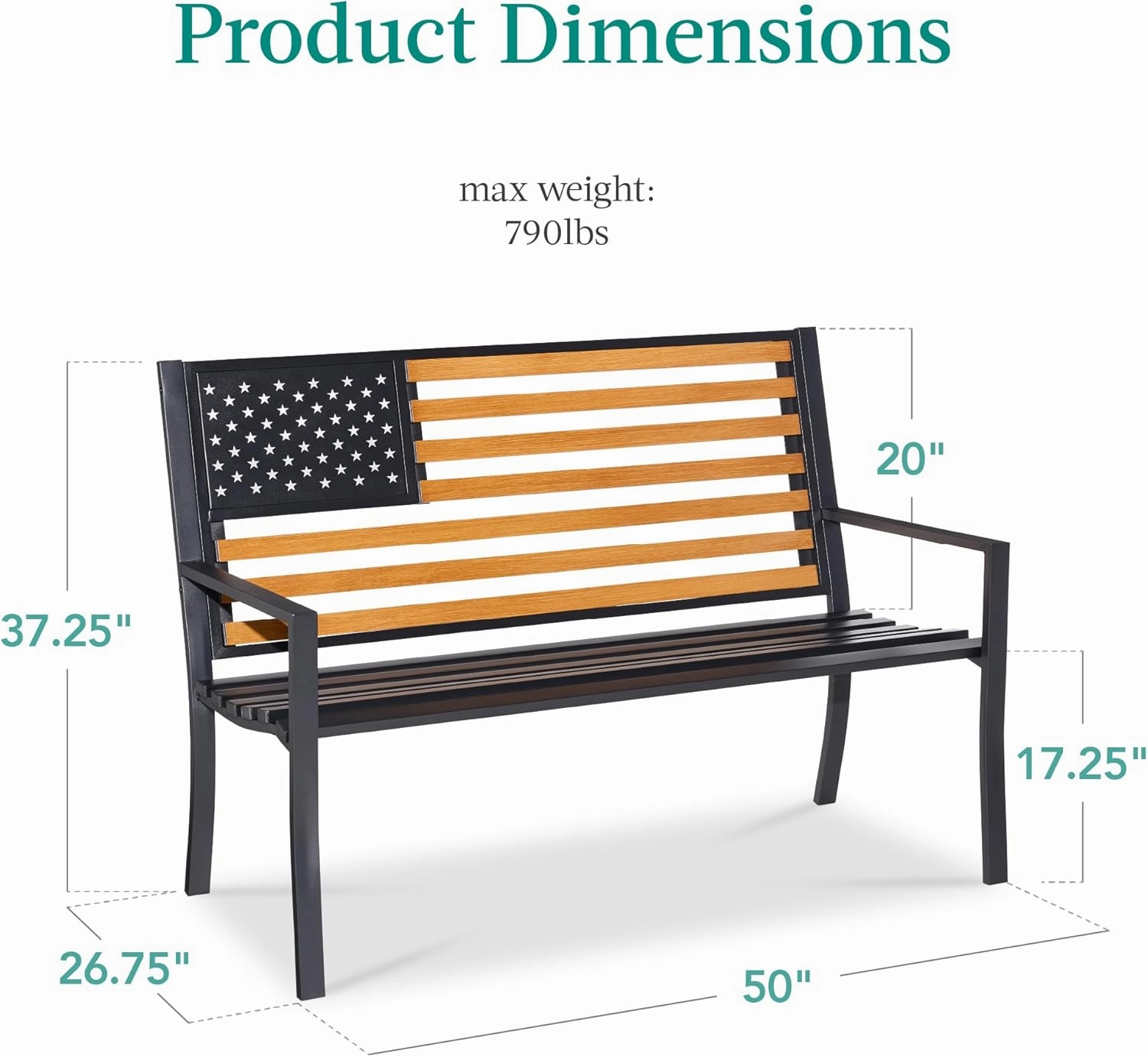 Best Choice Products Outdoor Bench 2-Person Steel Indoor/Outdoor Bench for Garden, Patio, Porch, Entryway w/American Flag, 790lb Capacity – Black/Wood