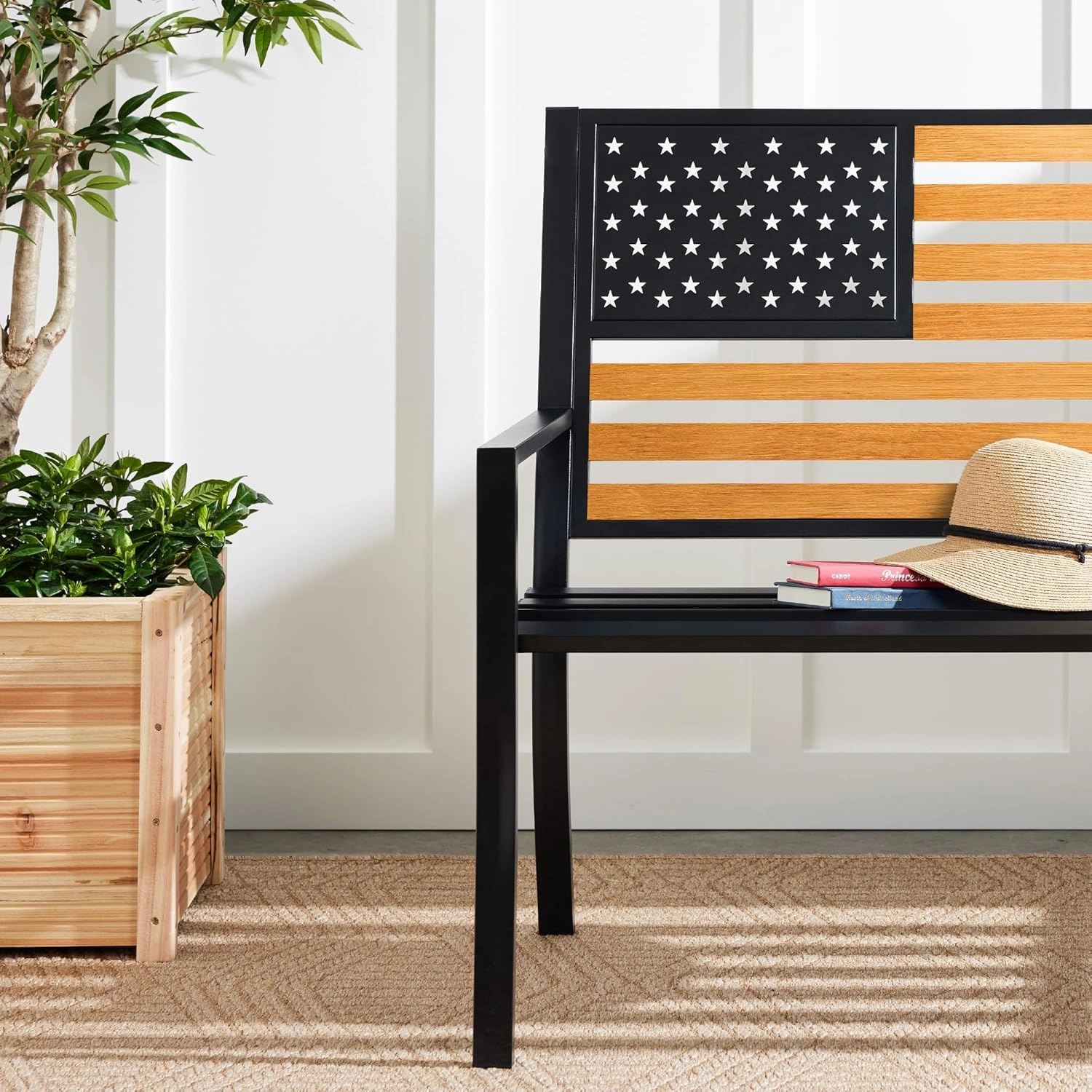Best Choice Products Outdoor Bench 2-Person Steel Indoor/Outdoor Bench for Garden, Patio, Porch, Entryway w/American Flag, 790lb Capacity – Black/Wood