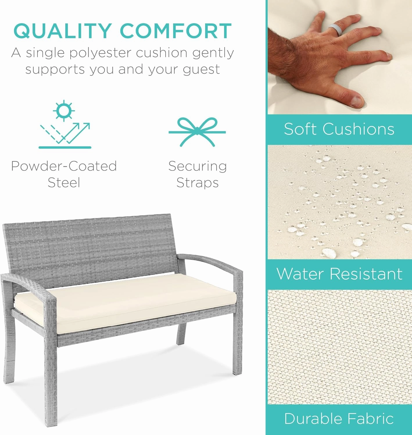 Best Choice Products Outdoor Bench 2-Person Wicker Garden Patio Benches Seating Furniture for Backyard, Porch w/Seat Cushion, 700lb Capacity - Cream/Gray