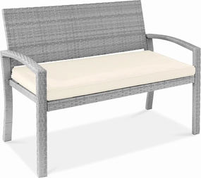 Best Choice Products Outdoor Bench 2-Person Wicker Garden Patio Benches Seating Furniture for Backyard, Porch w/Seat Cushion, 700lb Capacity - Cream/Gray