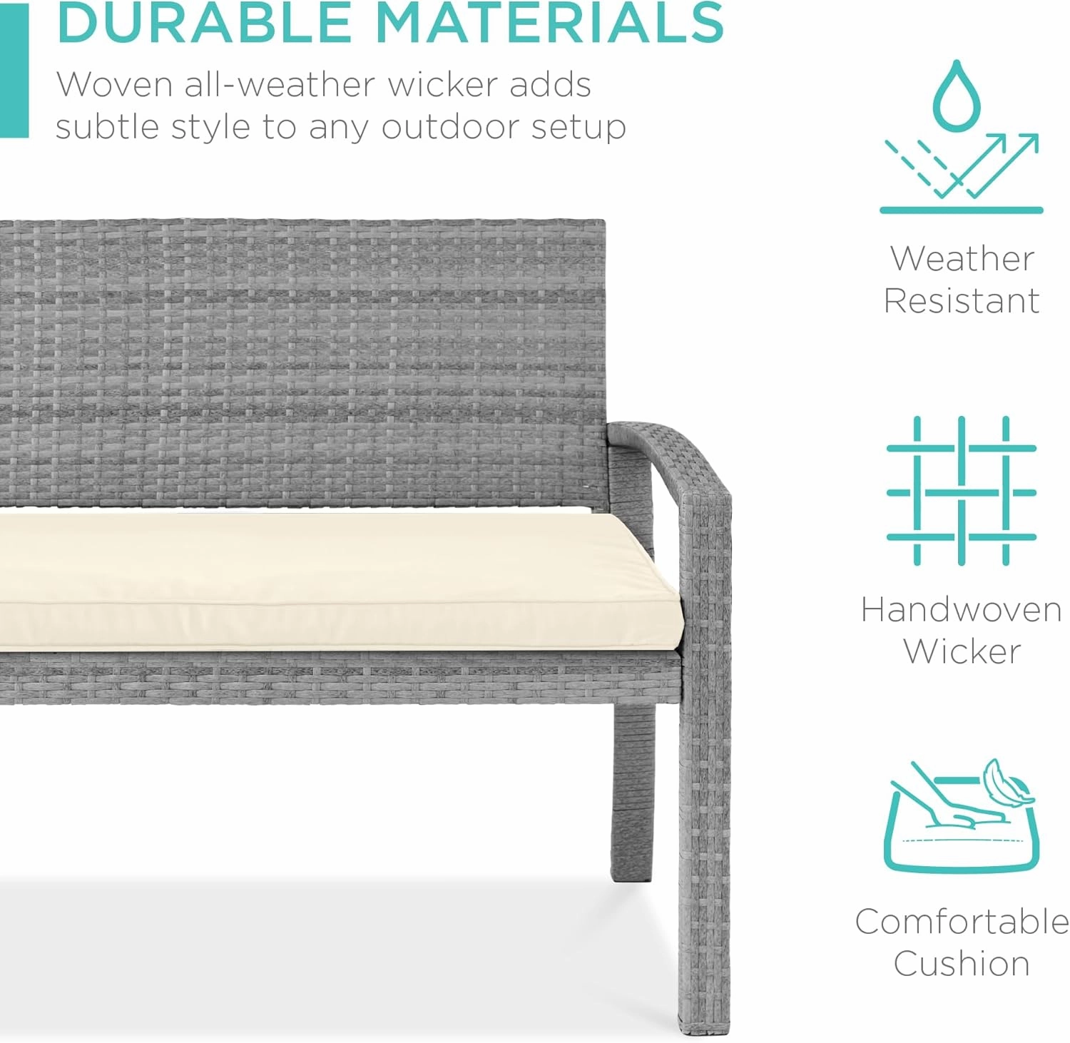 Best Choice Products Outdoor Bench 2-Person Wicker Garden Patio Benches Seating Furniture for Backyard, Porch w/Seat Cushion, 700lb Capacity - Cream/Gray