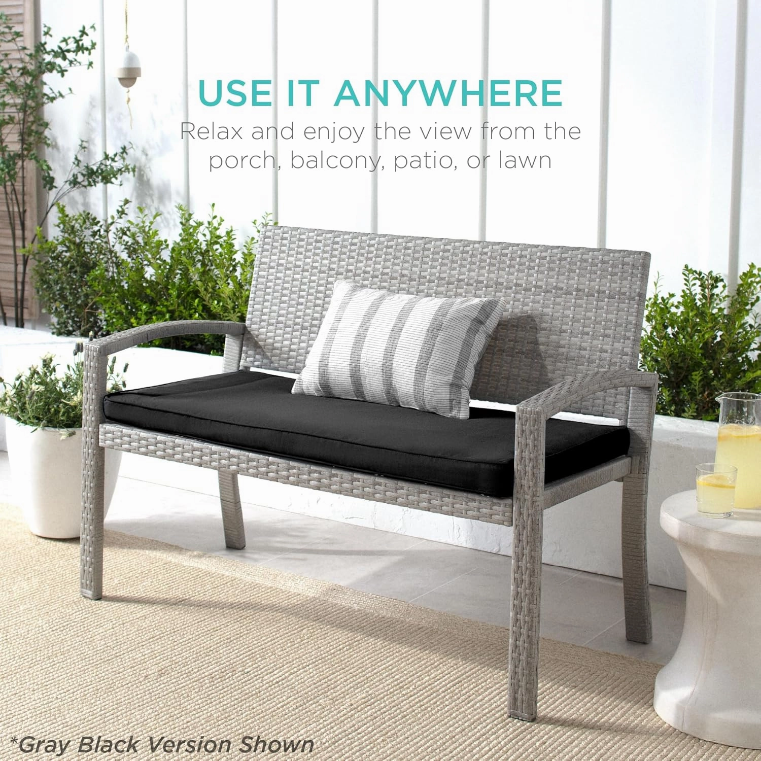 Best Choice Products Outdoor Bench 2-Person Wicker Garden Patio Benches Seating Furniture for Backyard, Porch w/Seat Cushion, 700lb Capacity - Deep Burgundy/Black