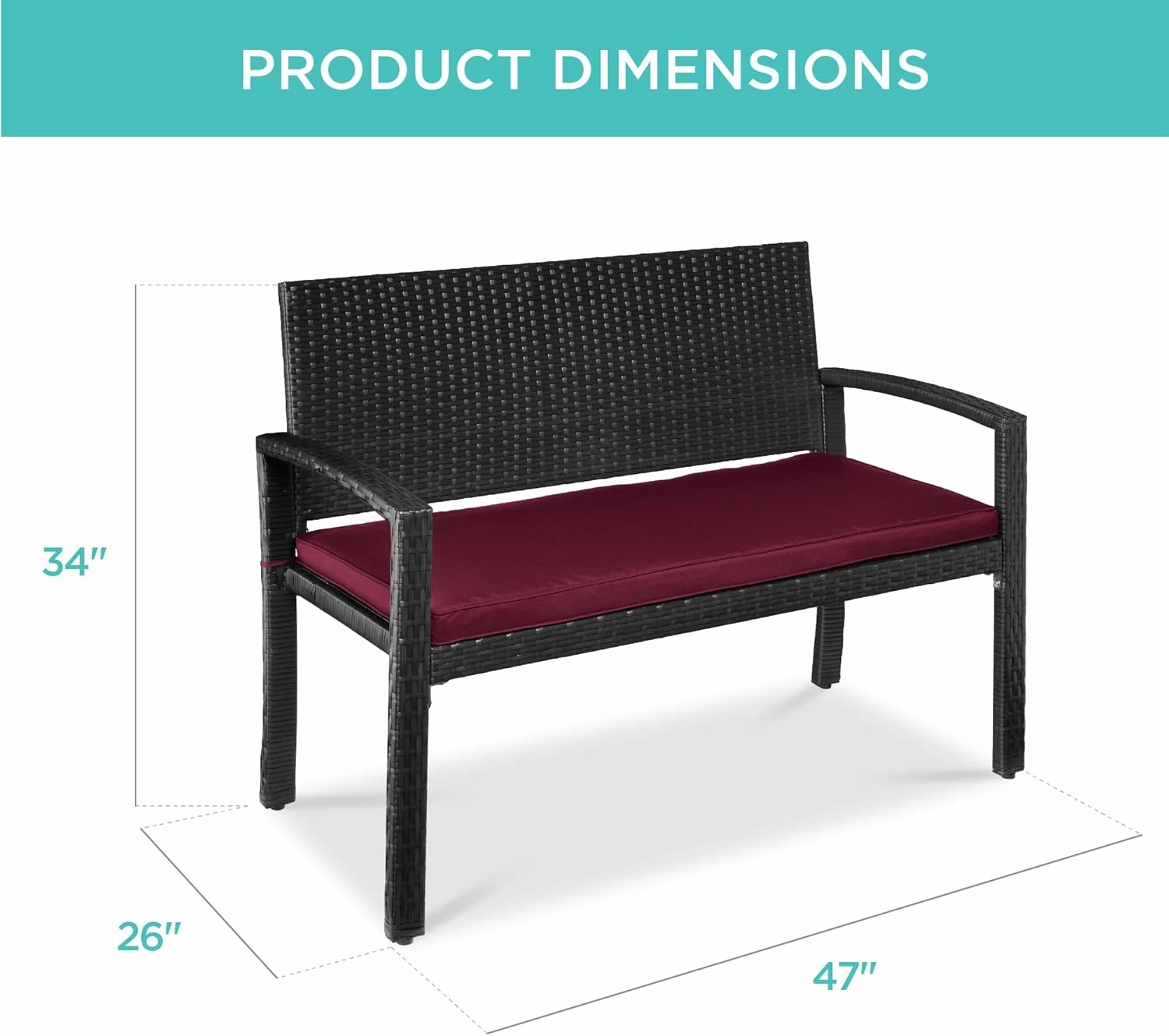 Best Choice Products Outdoor Bench 2-Person Wicker Garden Patio Benches Seating Furniture for Backyard, Porch w/Seat Cushion, 700lb Capacity - Deep Burgundy/Black