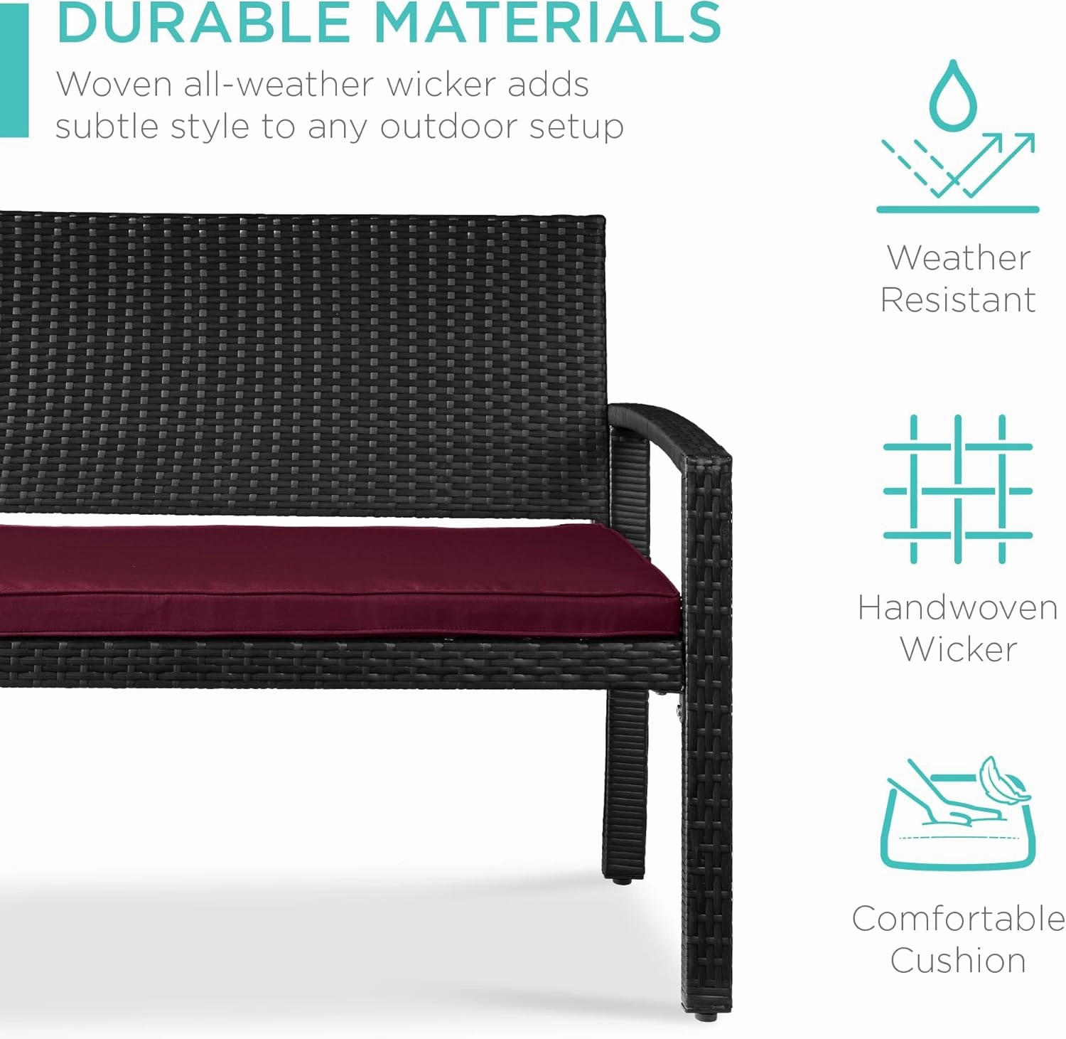 Best Choice Products Outdoor Bench 2-Person Wicker Garden Patio Benches Seating Furniture for Backyard, Porch w/Seat Cushion, 700lb Capacity - Deep Burgundy/Black