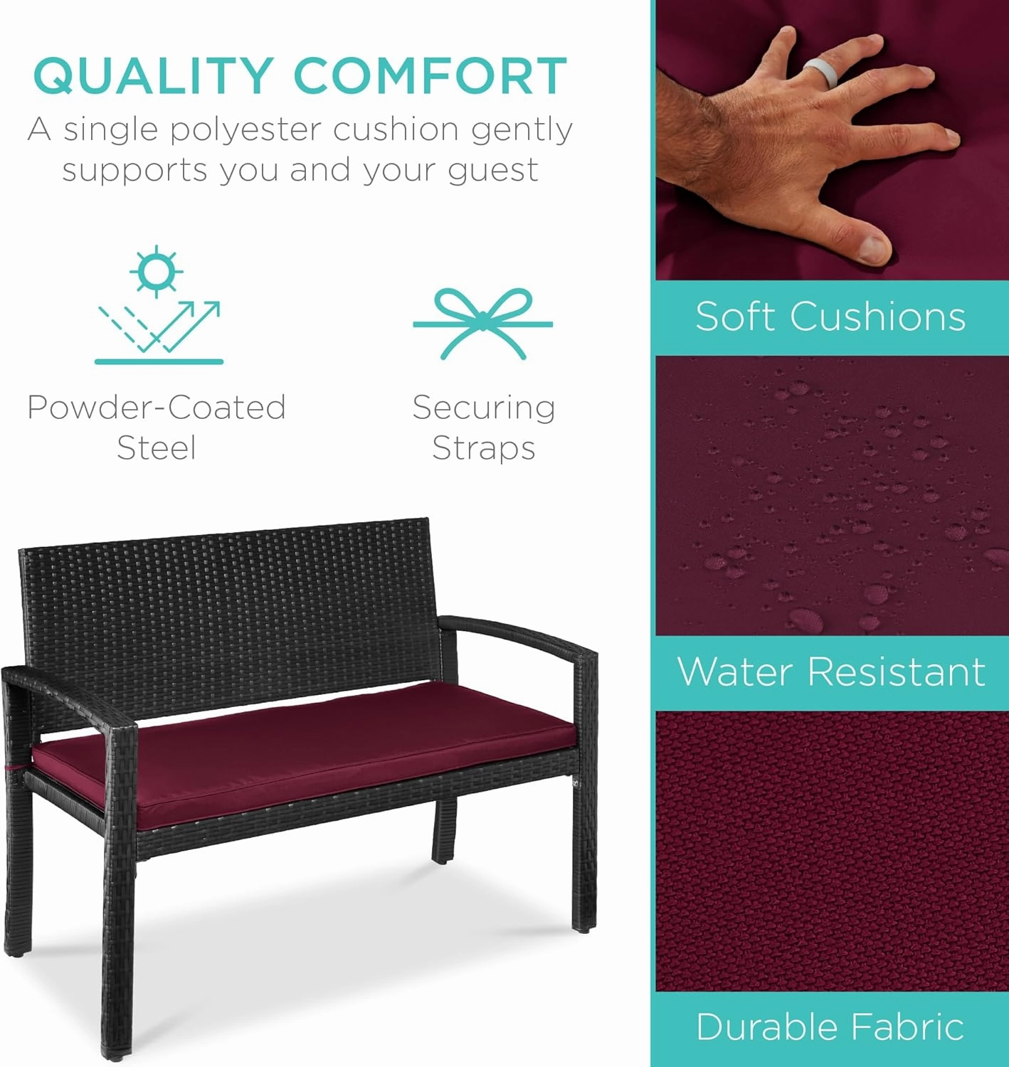 Best Choice Products Outdoor Bench 2-Person Wicker Garden Patio Benches Seating Furniture for Backyard, Porch w/Seat Cushion, 700lb Capacity - Deep Burgundy/Black