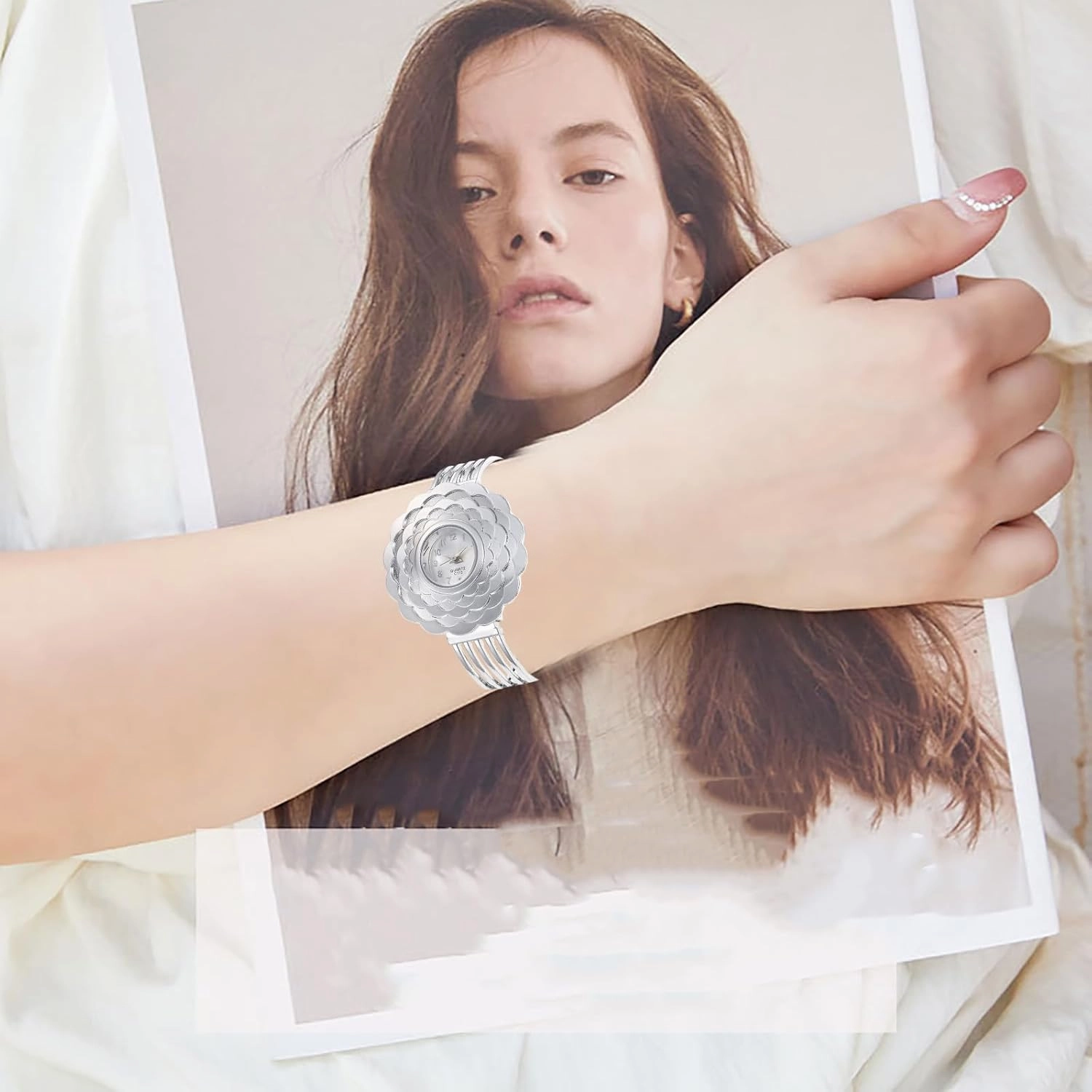 BESTKANG Womens Luxury Watch Flower Shape Cuff Bracelet Analog Quartz Wrist Watch Fashion Casual Watches for Women