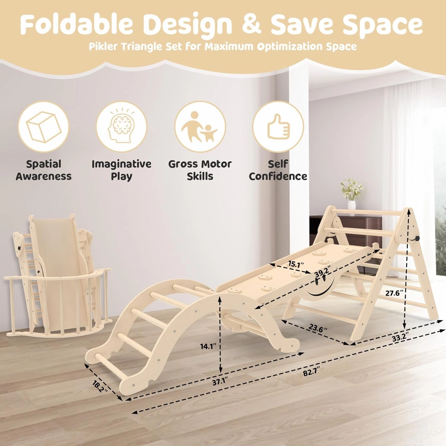 BIERUM 8 in 1 Montessori Pikler Triangle Set with Seesaw Design, Foldable Toddler Climbing Toys with Ramp for Sliding or Climbing, Wooden Jungle Gym, Indoor Playground for Toddlers and Kids, Natural